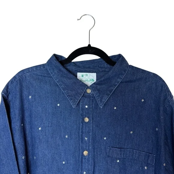 The Quacker Factory Dark Blue Denim Long Sleeve Rhinestone Accent ButtonDown Top - Picture 5 of 11